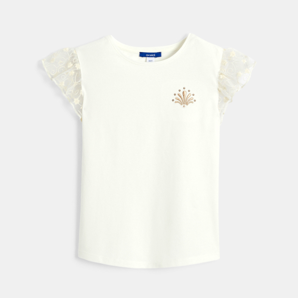 تيشيرت بأكمام قصيرة متموجة باللون الأبيض للفتيات الصغيرات